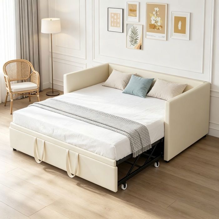 Lit gigogne 90/180x200 cm lit extensible lit 2 personnes sommier à lattes tissu en velours beige