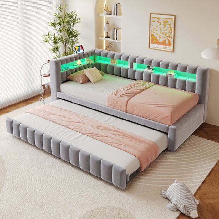 Canapé-lit escamotable 90x200 cm led usb velours gris clair motif rayé tête et dossier spacieux