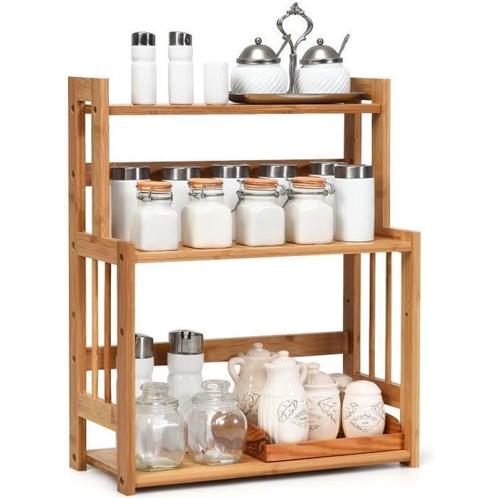 COSTWAY Étagère à Épices Porte-Épices à 3 Niveaux Hauteur Réglable en Bambou Rangement pour Cuisine Salle de Bain Comptoir.