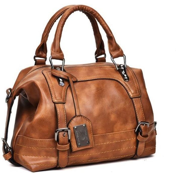 Sac PU Cuir pour Femme Tendance Boston Sac a Main Vintage Sac a Bandouliere Marron