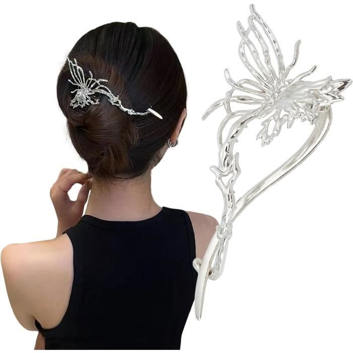 Pince à Cheveux Barrette Noeud Papillon - Noir à Paillettes Argentées Et Dentelle Rose - Neuf