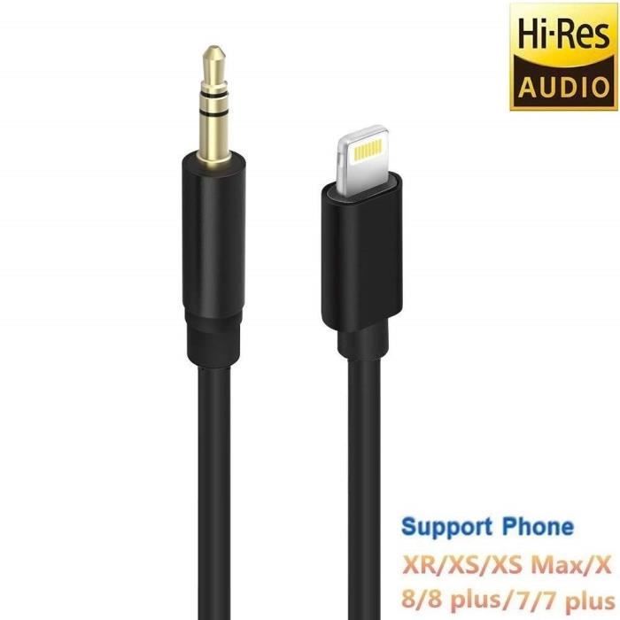 Câble Audio Auxiliaire Voiture vers 3.5mm Aux Câble Stéréo pour iPhone XR/XS/XS Max/X/8/8 Plus/7