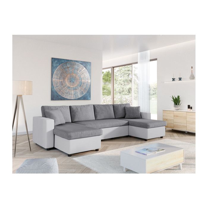 Canapé dangle Panoramique 6 places MARIA convertible en simili et microfibre - Blanc/Gris - L295 x P146 x H81cm - LOUNGITUDE Canapé dangle Panoramique 6 places MARIA convertible en simili et microfibre - Blanc/Gris - L295 x P146 x H81cm - LOUNGITUDE