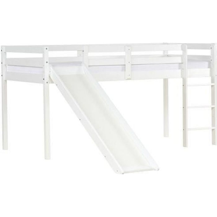 lit mezzanine à lattes, échelle et toboggan 90x200 cm - homestyle4u - bois massif - blanc - pour enfant