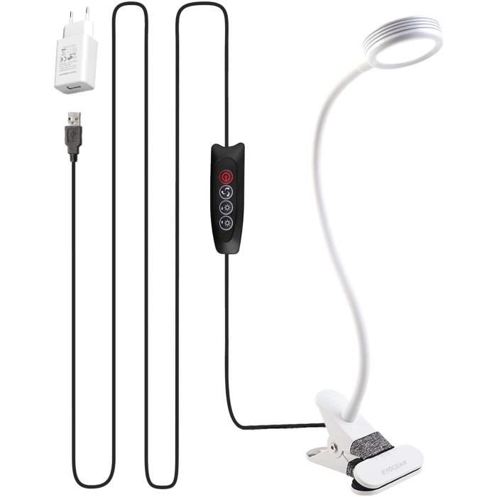 Lampe-Clip EYOCEAN Lampe de Bureau à LED à Pince de Lecture de Table de Lit Luminosité Réglage Soin des Yeux pour le Bureau et le Domicile Flexible à 360° avec le Câble USB et l’Adapteur Blanche 