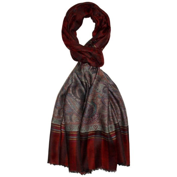 LORENZO CANA Echarpe de 100% Cachemire pour la femme – 70 x 200 cm jacquard avec bordure motif paisley souple et noble – en rouge bordeaux violet gris
