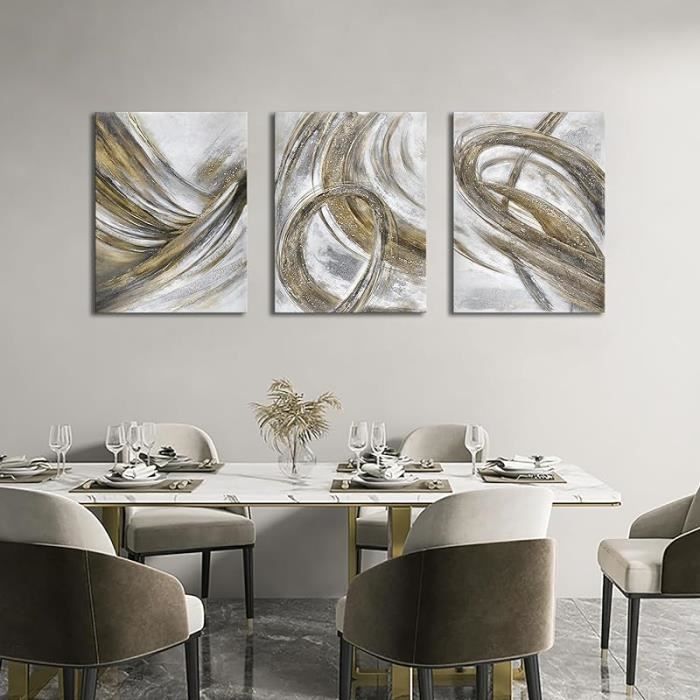 Tableau Abstrait 5 Pièces Sur Toile – Décoration Murale Jaune Et Gris – 160cm X 75cm