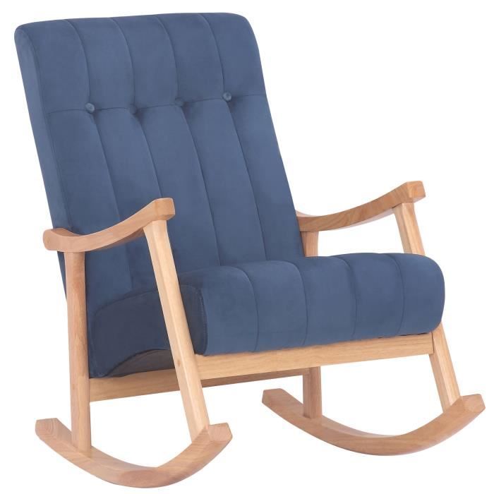 chaise bascule saltillo velours avec accoudoirs fauteuil de relaxation pieds en bois , nature - bleu