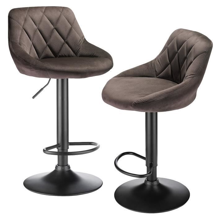 tabouret de bar errolves - lot de 2 chaise de cuisine - marron - réglable en hauteur - métal et velours