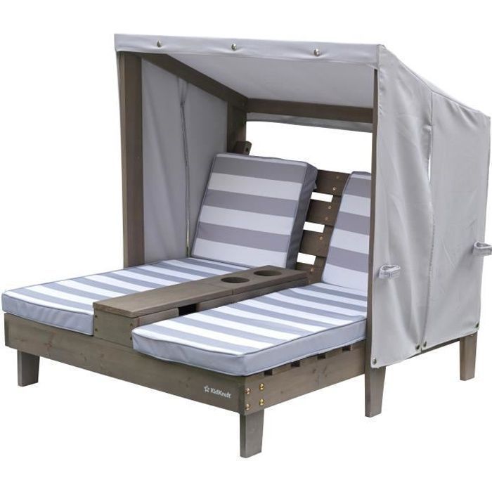 kikdraft - double chaise longue enfant en bois avec porte-gobelets - mobilier de jardin - gris