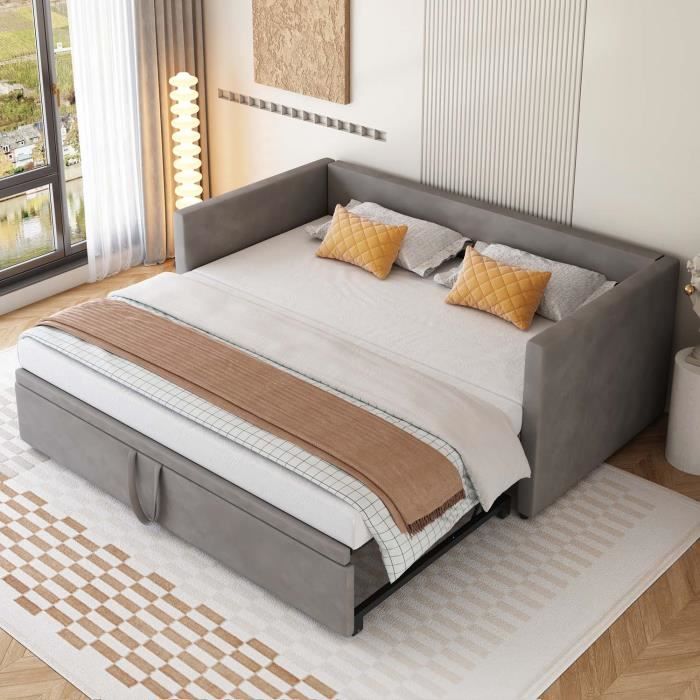 Lit gigogne - MODERNLUXE - 180x200 cm - Velours gris - Sommier à lattes - 2 places