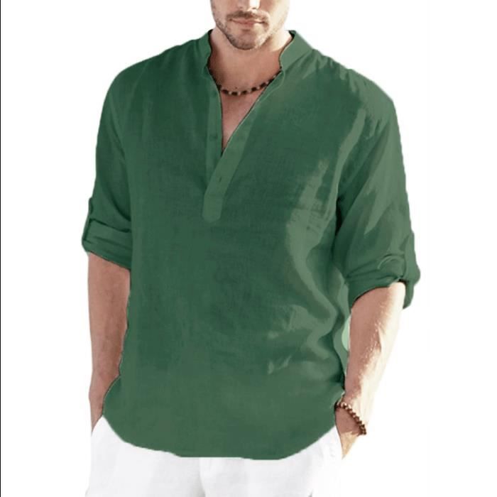 Chemise Lin Homme Col Mao Couleur Uni Henley Shirts Casual Chemise Blanche Homme Manches Longues Chemise en Lin Homme Ete Vert fonce Cdiscount Pret a Porter