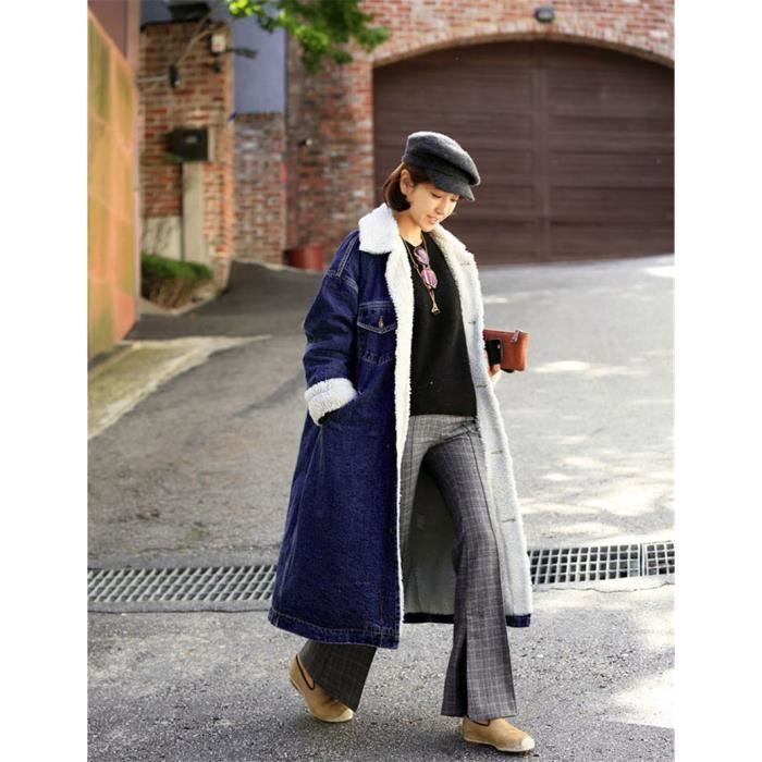 Manteau,Rugod – Trench Coat épais en velours d'agneau pour femme, Trench Coat Long en Denim, à simple boutonnage, conçu - Type Bleu