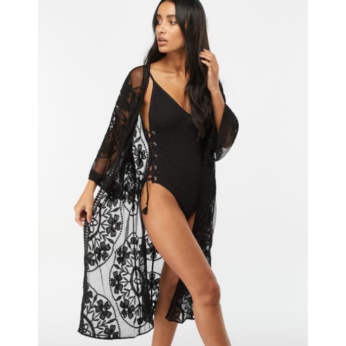 Robe de plage Cardigan en dentelle pour femme Coupe Kimono Imprime floral longue d ete Sexy Noir Cdiscount Pret a Porter