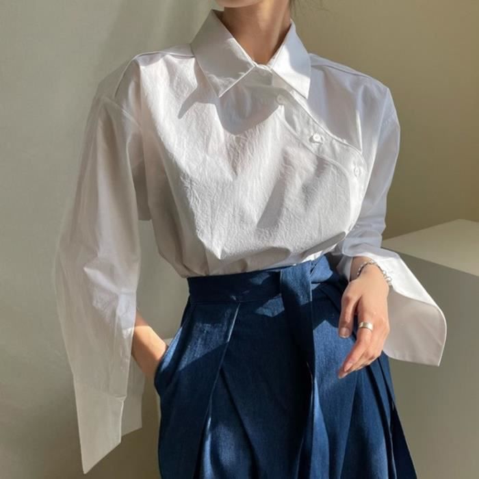 Chemise chemisier asymetrique a col rabattu pour femme chemise decontractee a manches longues et a panneaux et White C4902 Blanc Cdiscount Pret a Porter