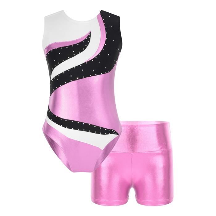 Inlzdz Fille Justaucorps Gymnastique Rythmique Strass Métallique et Short  Gym Ensemble Spectacle 5-14 Ans - Cdiscount Sport