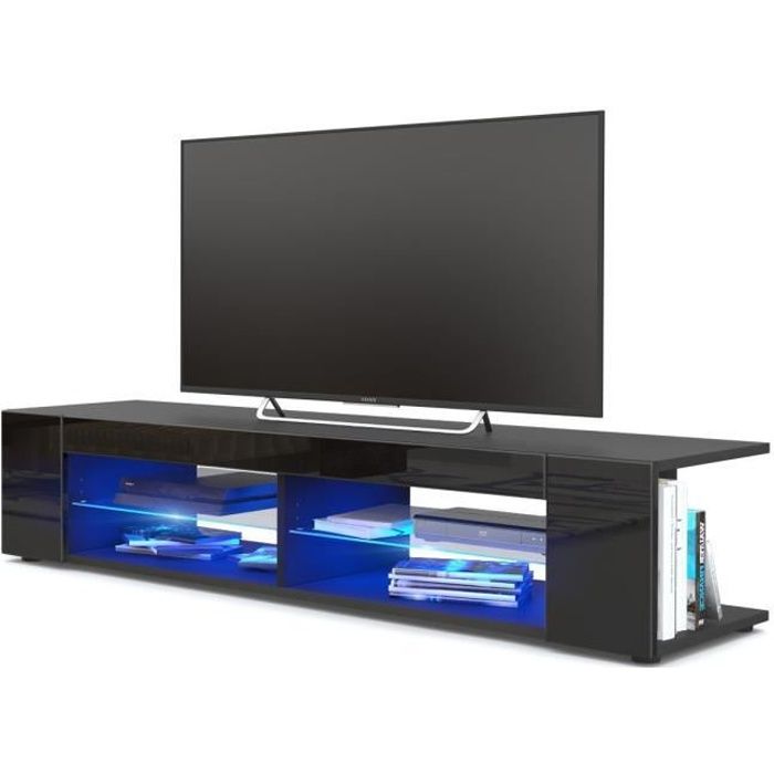 meuble tv - no name - noir mat - façades en noir laquées - led bleu
