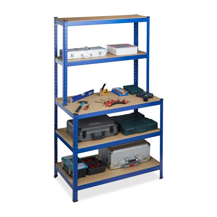 Relaxdays Étagère charge lourde garage établi 900 kg supporté à clipser 5 Niveaux cave 180 x 100 x 60 cm bleu