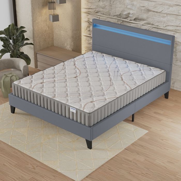 Ensemble Matelas + LIT (140 x 200cm)- Sirius 16cm Latex Naturel & Mousse HDensité + Sommier stable & tête de lit LED Gris