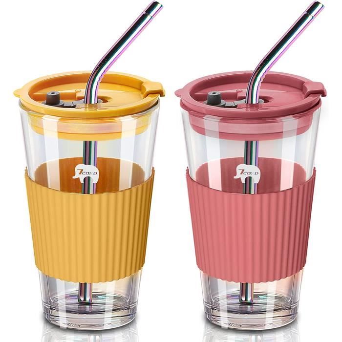 Bubble Tea Lot De 2 Verres Réutilisables Avec Couvercle Et Paille 730
