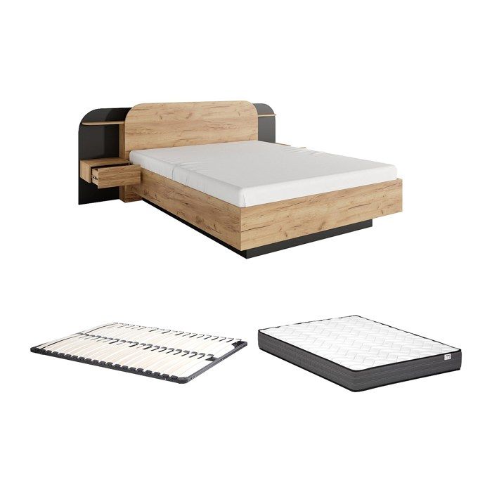 Lit avec chevets 160 x 200 cm - Avec LEDs - Coloris : Naturel et noir + Sommier + Matelas - JUVISIA