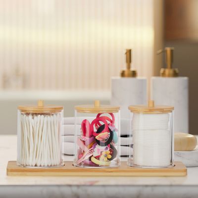 Relaxdays Pots à Cotons-tiges Avec Tablette - 2 Récipients Bambou Transparent Pour Salle De Bain