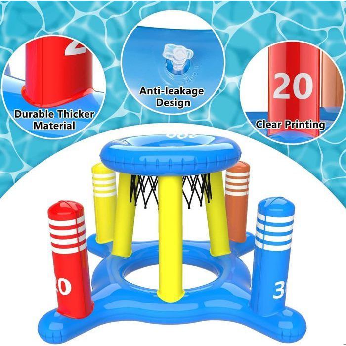 Cerceau Basket-Ball Flottant Pour Piscine – Jouet Gonflable 2 En 1 Panier Et Lancer D'Anneaux – Inclut Ballons Et Anneaux – Été Plage