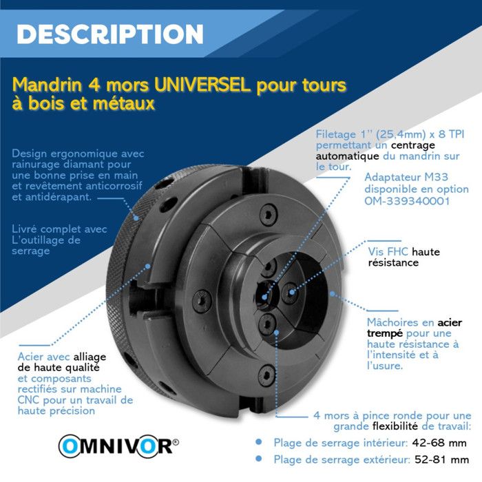 Mandrin De Tournage Bois Type B – Mandrin Rotatif Pour Bol Et Pièces Creuses – Alliage D'Aluminium Gris Argenté