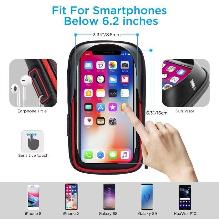 Lifegili Support Téléphone Vélo Étanche - Pochette Tactile 360° - Pour Smartphone 5.5-7 Pouces - Noir