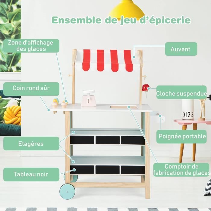 Epicerie Enfant En Bois Avec 30 Pièces Accessoires, Auvent Supérieur Et Epicerie Enfant En Bois Avec 30 Pièces Accessoires, Auvent Supérieur Et