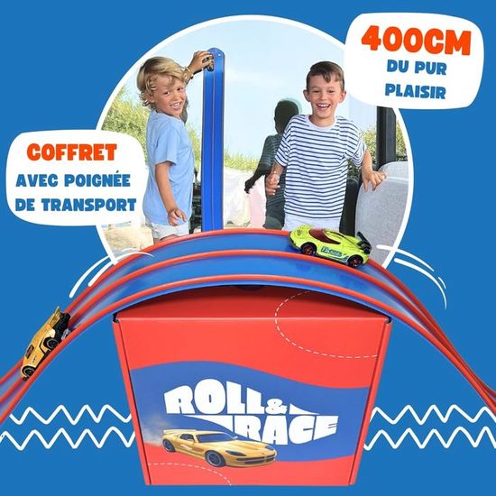 Circuit De Voiture Flexible 4,5 M Avec 4 Voitures – Piste Double Rampes – Jouet Gravité 1/64 – Cadeau Enfant 3+ (Aucune Pile)