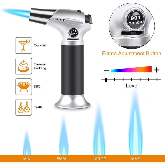 Torche Au Butane, Briquet De Cuisine Puissant Et Puissant Avec Verrouillage De Sécurité Et Flamme Réglable, Chalumeau Rechargeable Pour Crème Brûlée, Pâtisserie, Desserts Et Searin (taille Complète