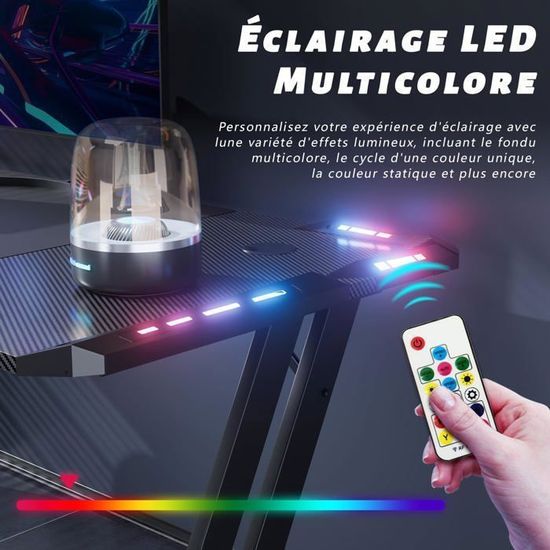 Bureau Gaming Electrique HLFURNIEU 120x60cm - LED, Prises USB, Réglable Hauteur Mémoire - Noir