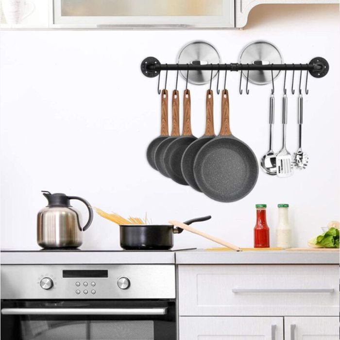 Barre De Cuisine Industrielle, 80 Cm Porte Casserole Mural Cuisine, Support De Pot En Fer Avec 14 Crochets Pour Ustensiles, Poêlés - Maison