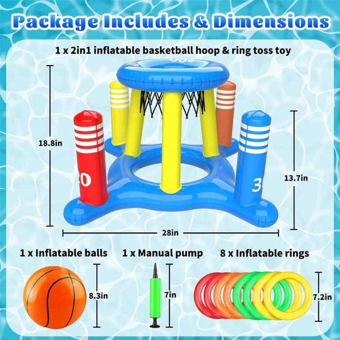 Cerceau de basket-ball de piscine, grand panier de basket-ball d'été avec base robuste pour enfants, garçons et filles, panier de basket-ball avec 2 balles et pompe