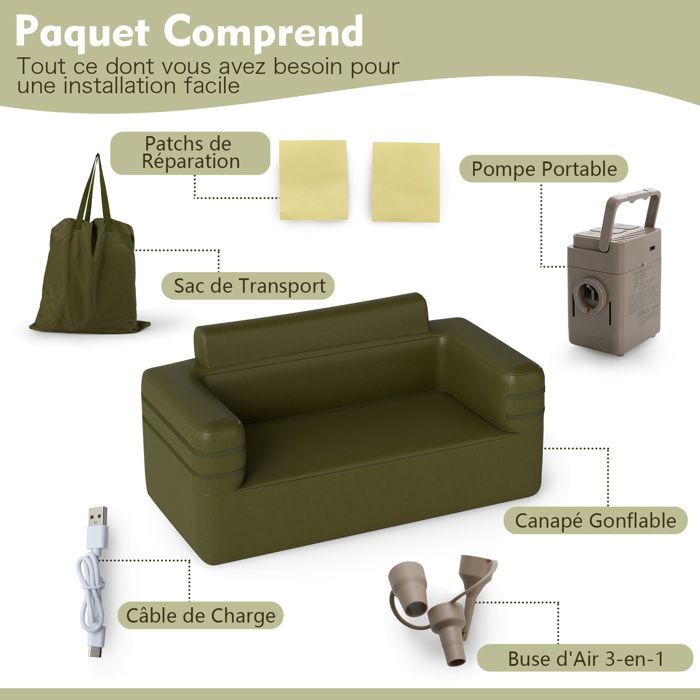 Canapé Gonflable Outsunny Pour 2 Personnes – 138 X 87 X 71 Cm, Noir Et Gris, Assise Confortable Avec Accoudoirs, Résistant Aux Perforations