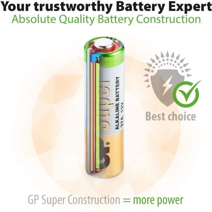 GP Batteries Super Alkaline 27AF-2C5 - Piles (alcalines, cylindriques, 12  V, 28 mm, 7,7 mm
