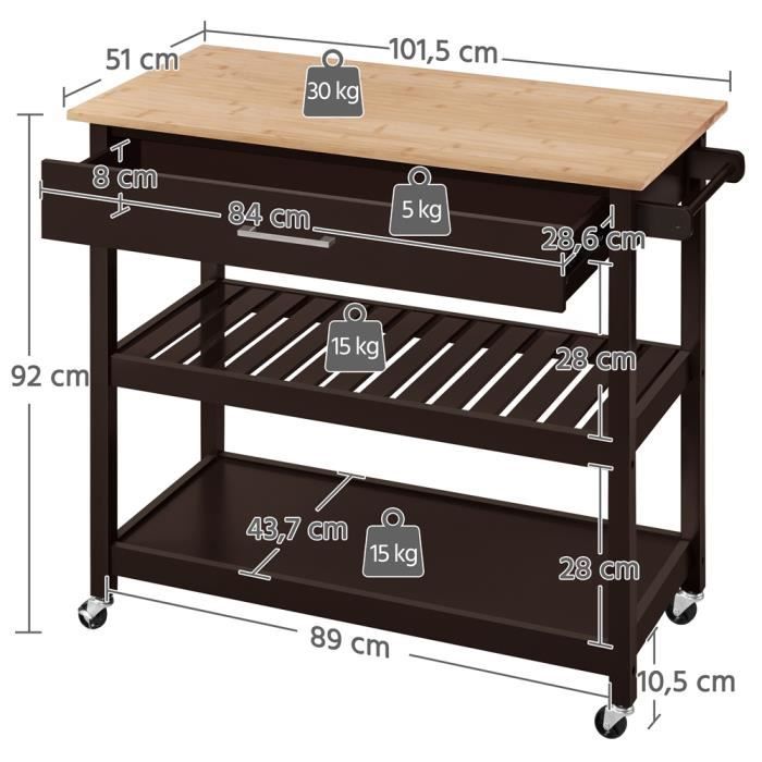 Yaheetech Desserte à Roulettes 3 Tiroirs 3 Étagères - Chariot Rangement Cuisine Gris Foncé 67x37x84,5 Cm