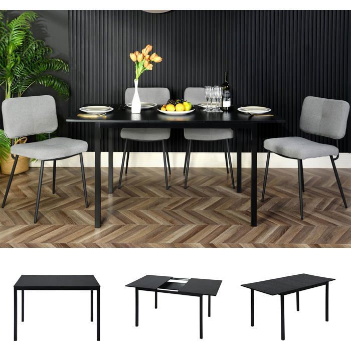 Ensemble Table Salle à Manger Extensible + 6 Chaises - Cadre Acier, Plateau Noir, Assises Grises - Dimensions : Fermé 120x80 Cm, Ouvert 160x80 Cm