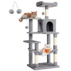 FEANDREA Arbre à Chat Hauteur 143 cm, Tour de Jeux pour Chats, avec 4 Poteaux à Griffer, en Tissu Peluche, Multi-Niveaux, Gris Clair