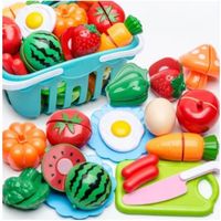 17 Pièces Jouets Enfant Cuisine,Accessoire de Jouet de Cuisine Enfant avec Fruits, Légumes, Ustensiles et Panier de Rangement,