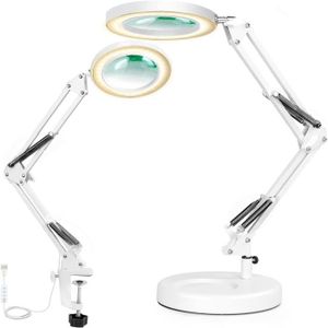 LAMPE A POSER Lampe LED en métal avec loupe, bras oscillant, 3 modes de couleur, verre de 4,1 cm de diamètre, pince industrielle réglable (blanc)