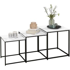 TABLE BASSE Lot de 3 tables basses gigognes carrées style contemporain - acier noir panneaux aspect marbre blanc
