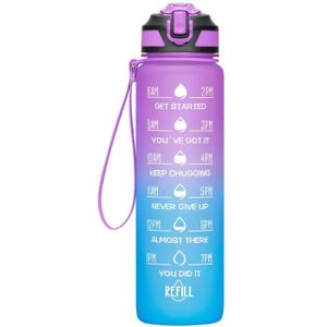 GOURDE Bouteille d'eau Gourde de Sport 1000ml, ABS 100% sans BPA, fermeture étanche, marqueur de temps, violet et bleu