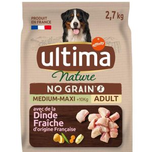 CROQUETTES LOT DE 4 - ULTIMA - Nature No Grain Adulte à la dinde sans céréales Croquettes pour chien Medium Maxi - sac de 2,7 kg