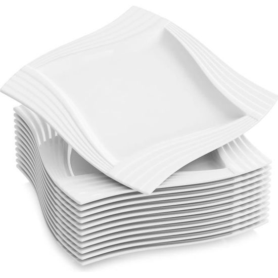 12pcs Assiettes Plates 25.5cm Vaisselles Assiette Carrée Porcelaine Plat Service de Table Malacasa Série AMPARO
