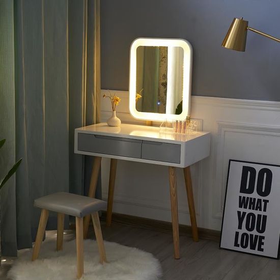 Coiffeuse 2 Tiroirs Led Lumiere Dimmable Table De Maquillage Avec Miroir Coiffeuse Et Tabouret Miroir Carre Cdiscount Maison