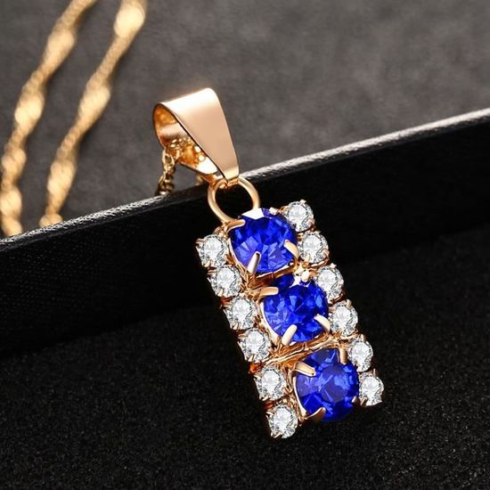Pendentif Vintage Avec Saphir Foncé - Chaîne Plaqué Or - Bijou Élégant Pour Femme