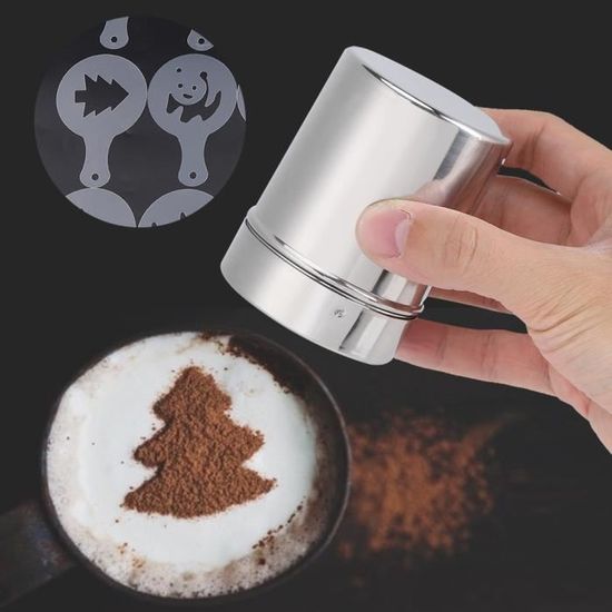 Set De 4 Shakers à Poudre Inox Avec 16 Pochoirs - Pour Cacao, Sucre Glace, Café Décoratif