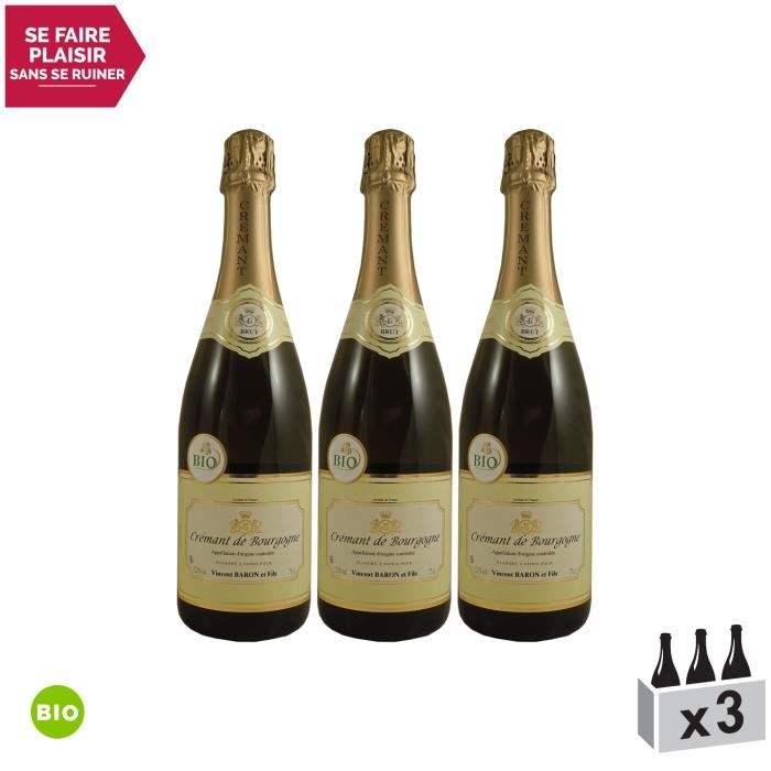 Crémant de Bourgogne Blanc - Bio - Lot de 3x75cl - Domaine Vincent Baron - Vin effervescent AOC Blanc de Bourgogne - Cépage